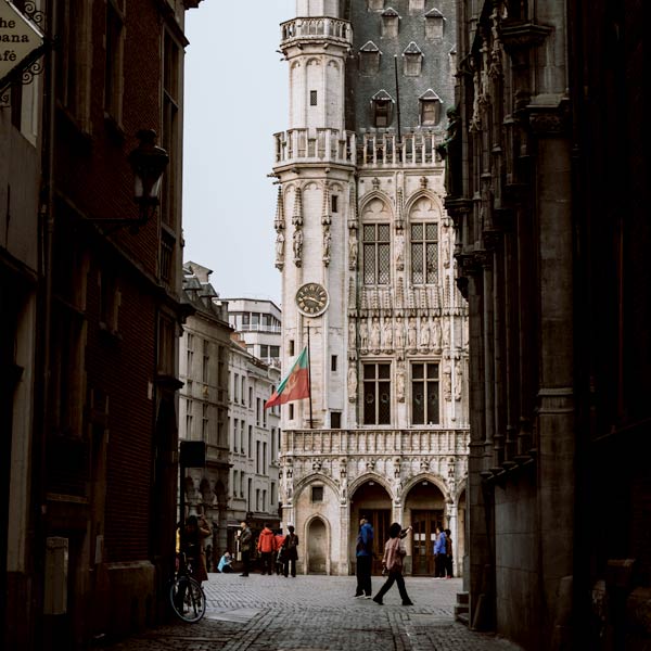 Brussels side street looking onto a tall building, Belgium