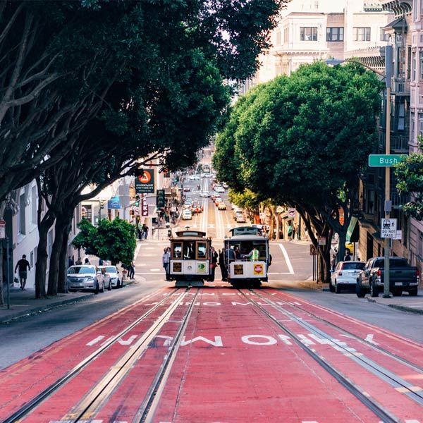 Cable cars on a steep hill in San Francisco, USA